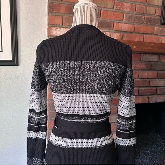 Diane Von Furstenberg Metallic Striped Long Sleeve Knit Wrap Dress Black Silver - Picture 9 of 11